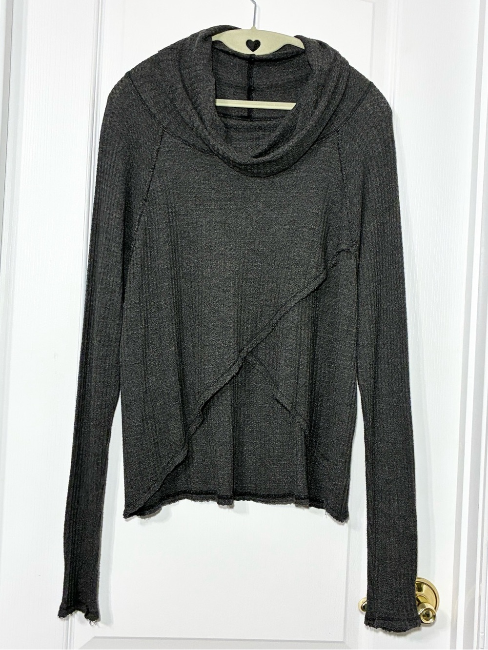 We The Free Wrap Cowl Neck Waffle Knit Long Sleeve Top Gray Size Medium